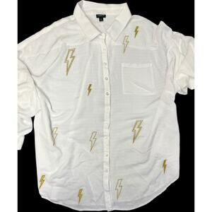 Torrid Women's Blouse Embroidered Button Shirt White Long Roll Tab Sleeve sz 4
